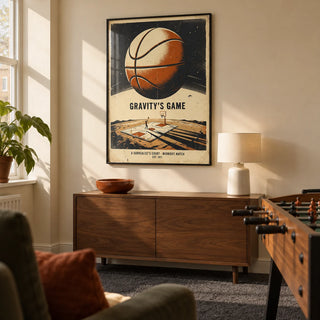 Surreal Basketball Art Print, framed on the wall of a small games den in a UK maisonette with a warm cream wall