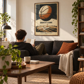 Surreal Basketball Art Print, framed on the wall of a young adult’s first-flat living room (22-28) with warm white walls
