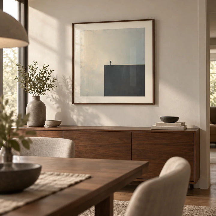 Surreal Black and White Art, framed on the wall of a calm dining room