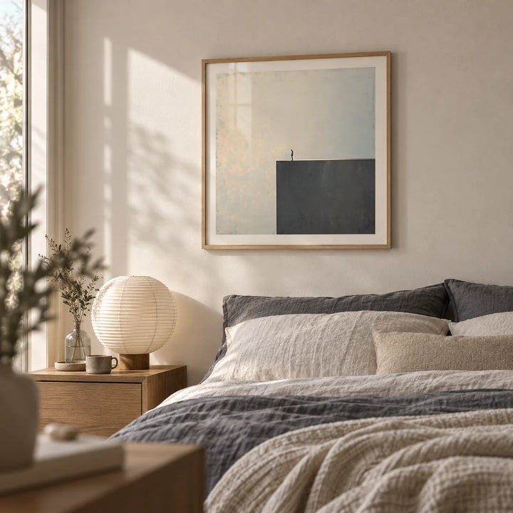 Surreal Black and White Art, framed on the wall of a calm neutral bedroom