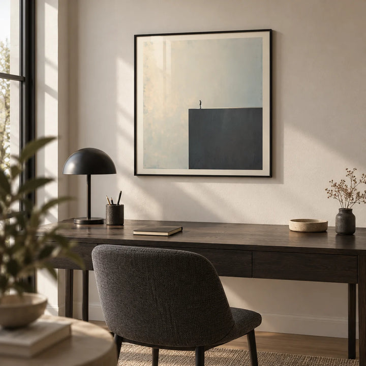 Surreal Black and White Art, framed on the wall of a quiet study