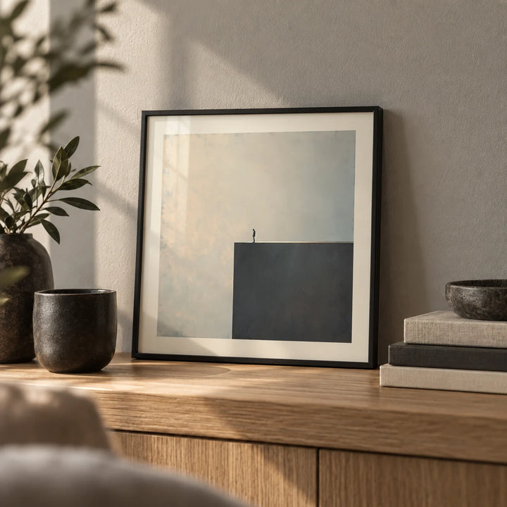 Surreal Black and White Art, a small A4 framed print leaning on an oak shelf in a living room