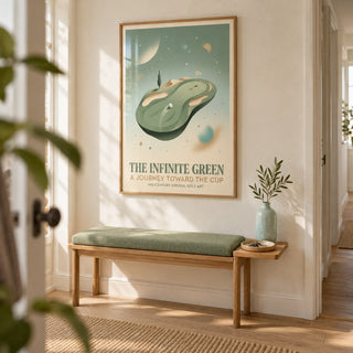 Surreal Golf Art, framed on the wall of a bright entrance hallway in a golfer's UK maisonette with a cream plaster wall and a simple oak floor