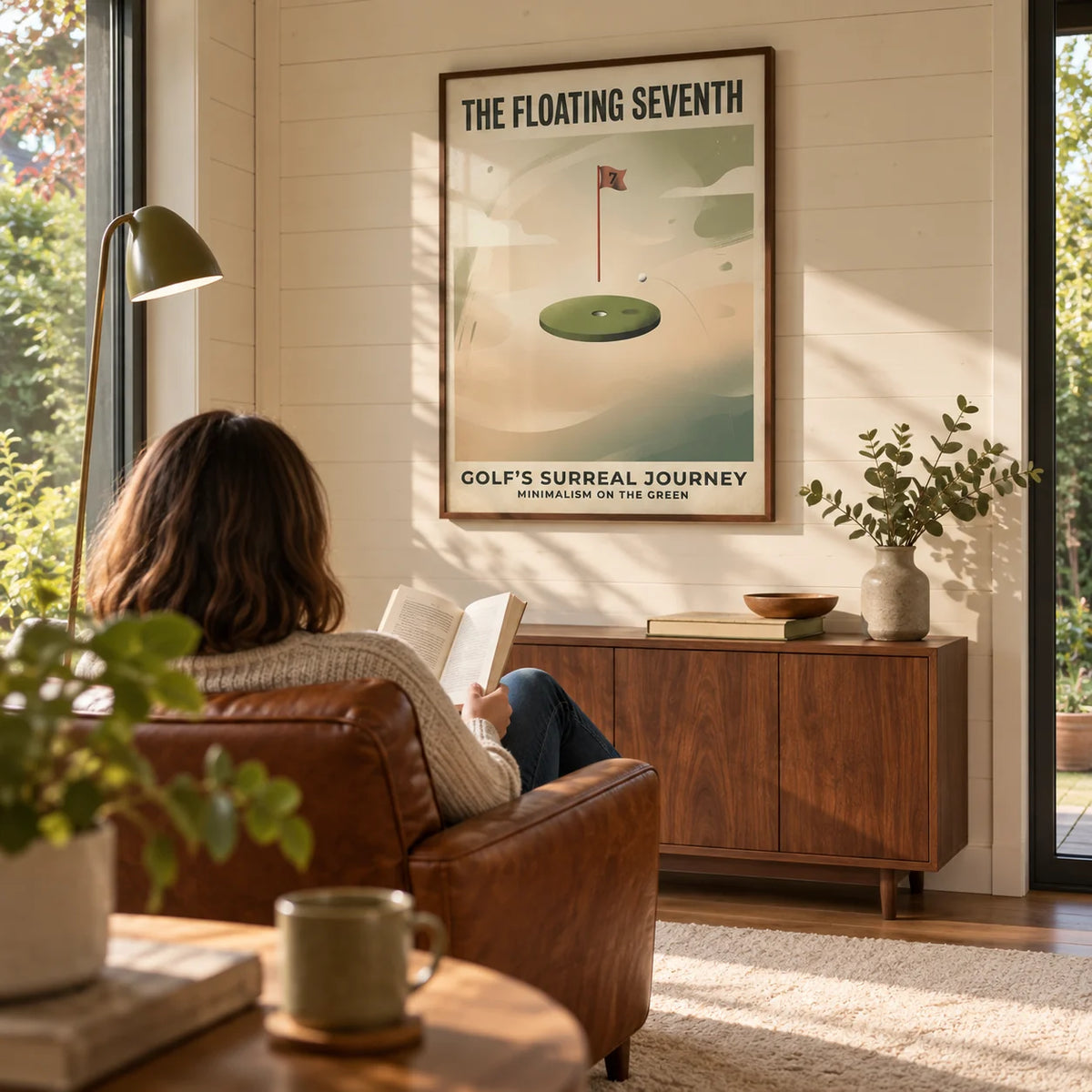 Surreal Golf Art Print, framed on the wall of a compact garden-room reading retreat in a UK suburban home in a living room