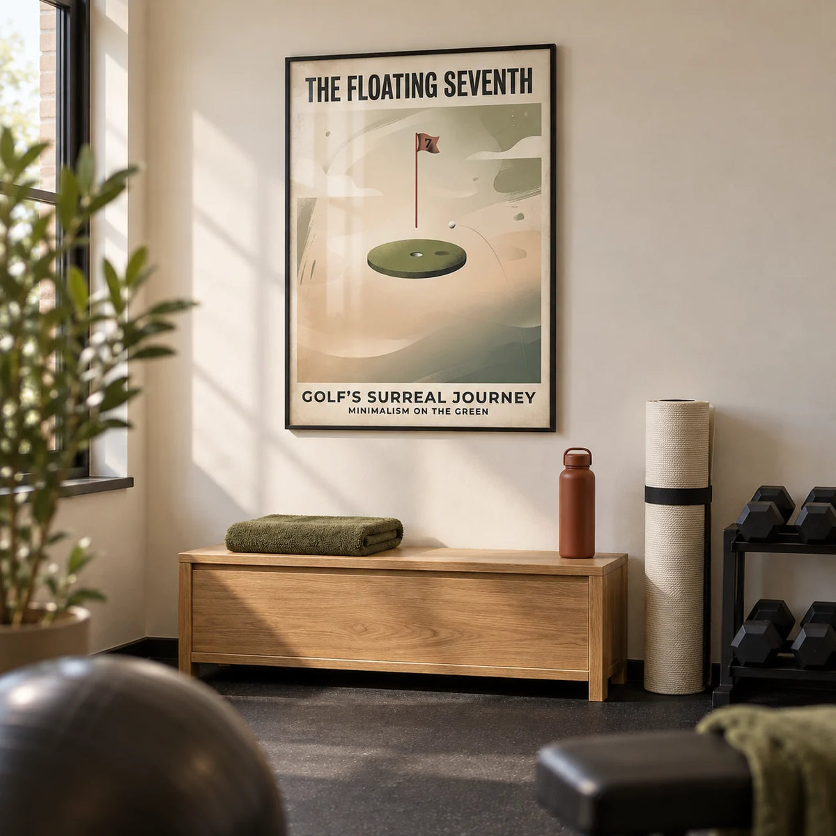 Surreal Golf Art Print, framed on the wall of a compact home gym in a converted UK spare room with a warm white wall and plain charcoal rubber floor