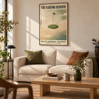 Surreal Golf Art Print, framed on the wall of a design-led living room in a young golf enthusiast's first flat (22-28)