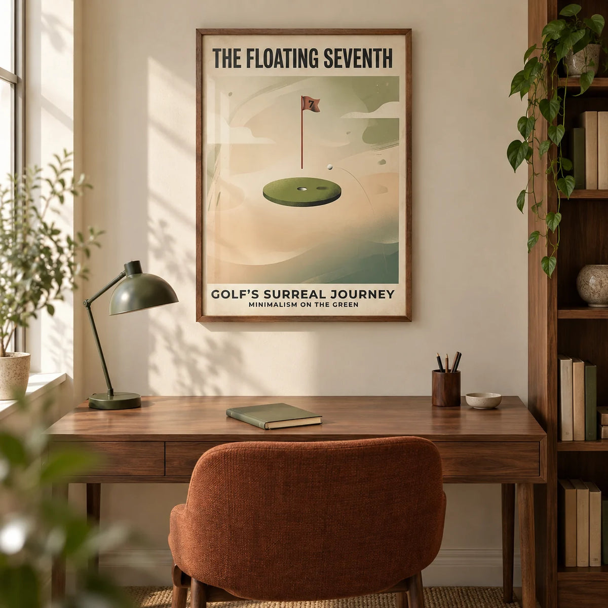 Surreal Golf Art Print, framed on the wall of a modern home study in a UK terraced house with a warm cream wall and walnut shelving