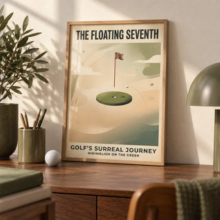 Surreal Golf Art Print, a small A4 framed print leaning on a walnut desk
