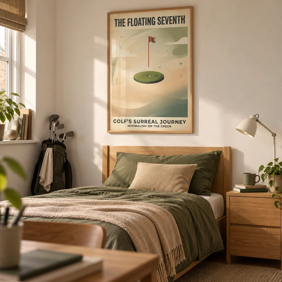 Surreal Golf Art Print, framed on the wall of a tidy single bedroom for a golf-loving university student (18-21) in a UK shared house