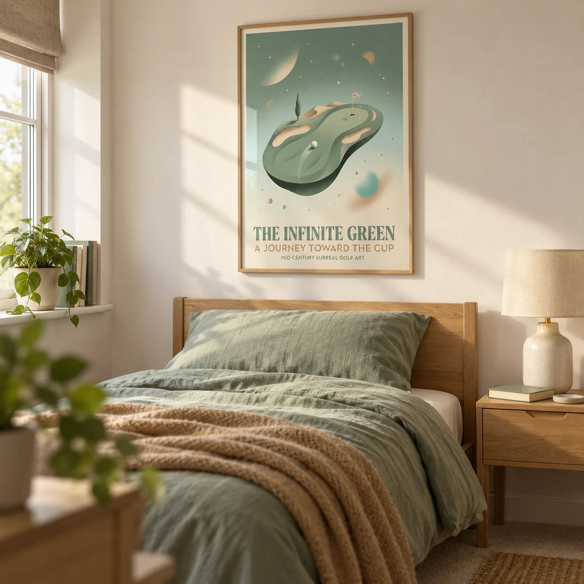 Surreal Golf Art, framed on the wall of a young adult golfer's single bedroom (18-25) in a UK family home with a warm white wall