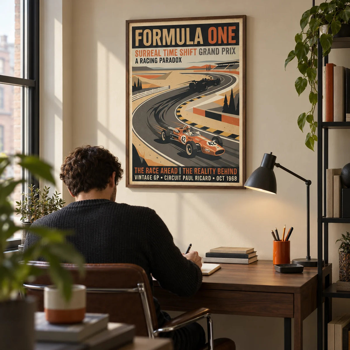 Surreal Racing Poster, framed on the wall of a compact home study in a UK flat for a design-minded racing fan aged 25-40