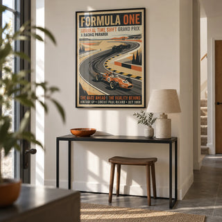 Surreal Racing Poster, framed on the wall of a crisp hallway in a modern UK maisonette with an off-white wall and grey stone flooring