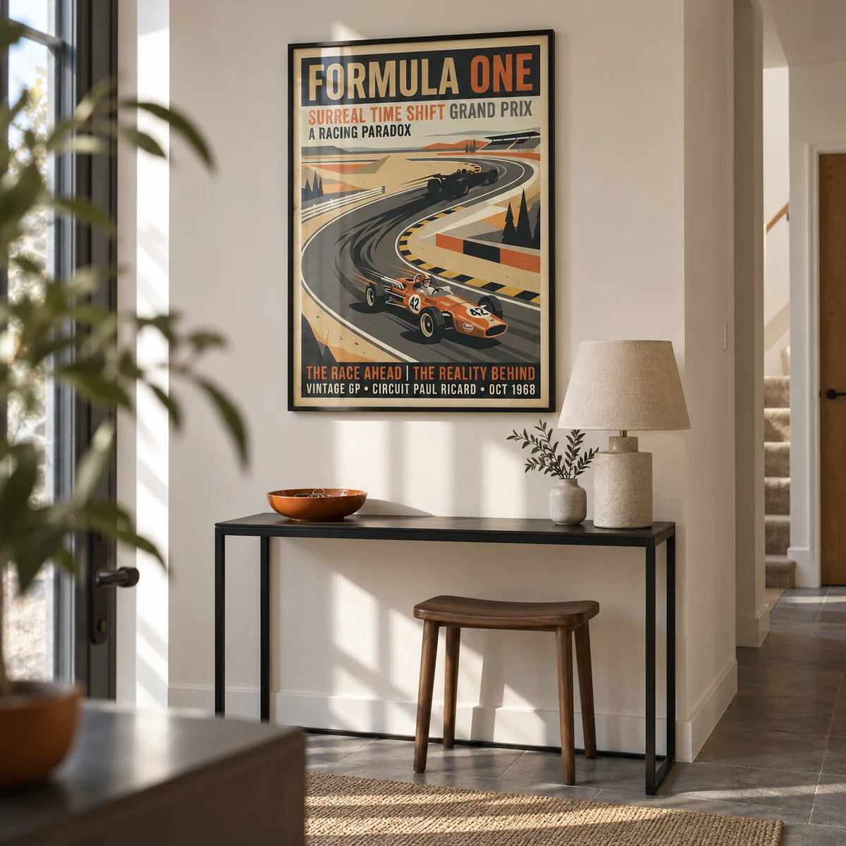 Surreal Racing Poster, framed on the wall of a crisp hallway in a modern UK maisonette with an off-white wall and grey stone flooring