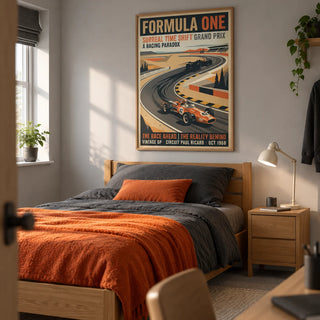 Surreal Racing Poster, framed on the wall of a design-conscious teen bedroom for a racing enthusiast aged 16-17 in a UK terraced house
