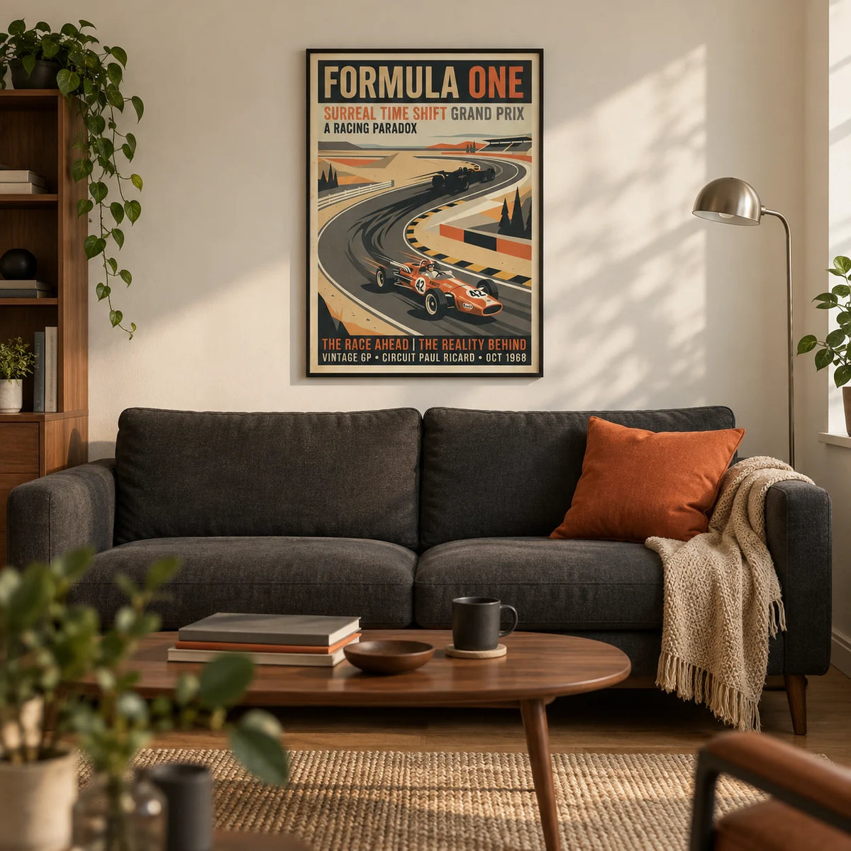 Surreal Racing Poster, framed on the wall of a modern living room in a UK first flat for a motorsport fan aged 22-30
