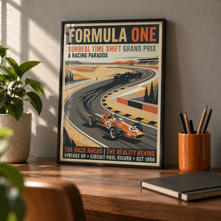 Surreal Racing Poster, a small A4 framed print leaning on a walnut desk