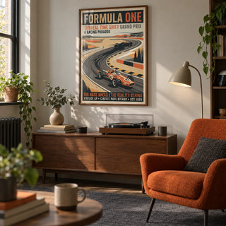 Surreal Racing Poster, framed on the wall of a small retro music and reading den in a UK terrace for an adult motorsport enthusiast in a living room