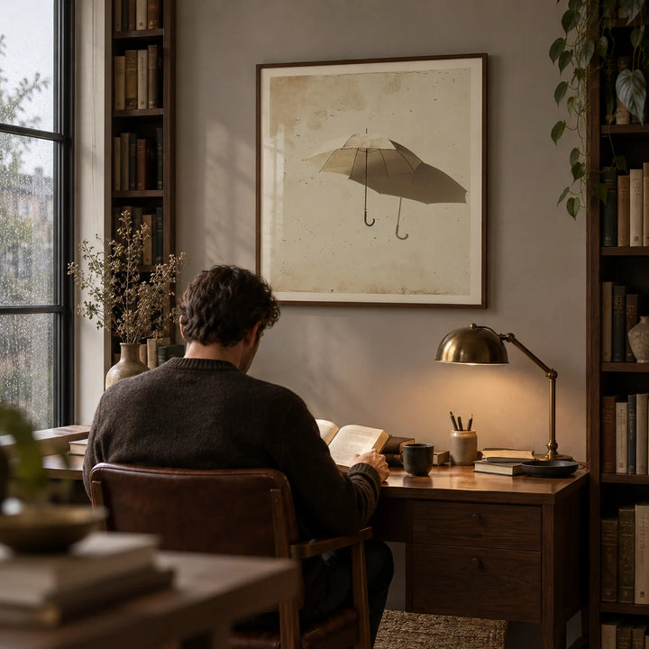 Surrealism Prints, framed on the wall of a book-lined study with a warm grey wall