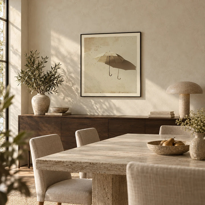 Surrealism Prints, framed on the wall of a calm dining room with a limewashed wall