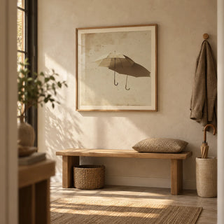 Surrealism Prints, framed on the wall of a calm hallway with a sand plaster wall