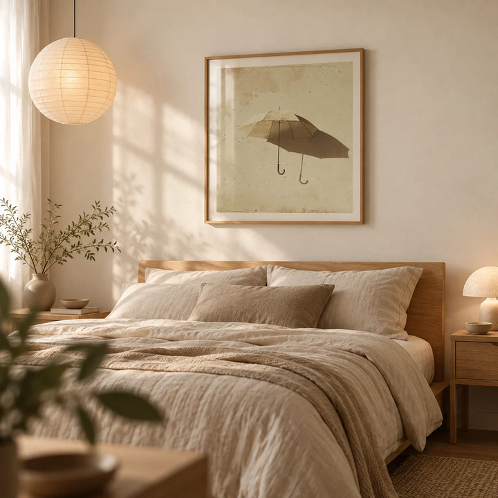 Surrealism Prints, framed on the wall of a neutral bedroom with a warm white wall