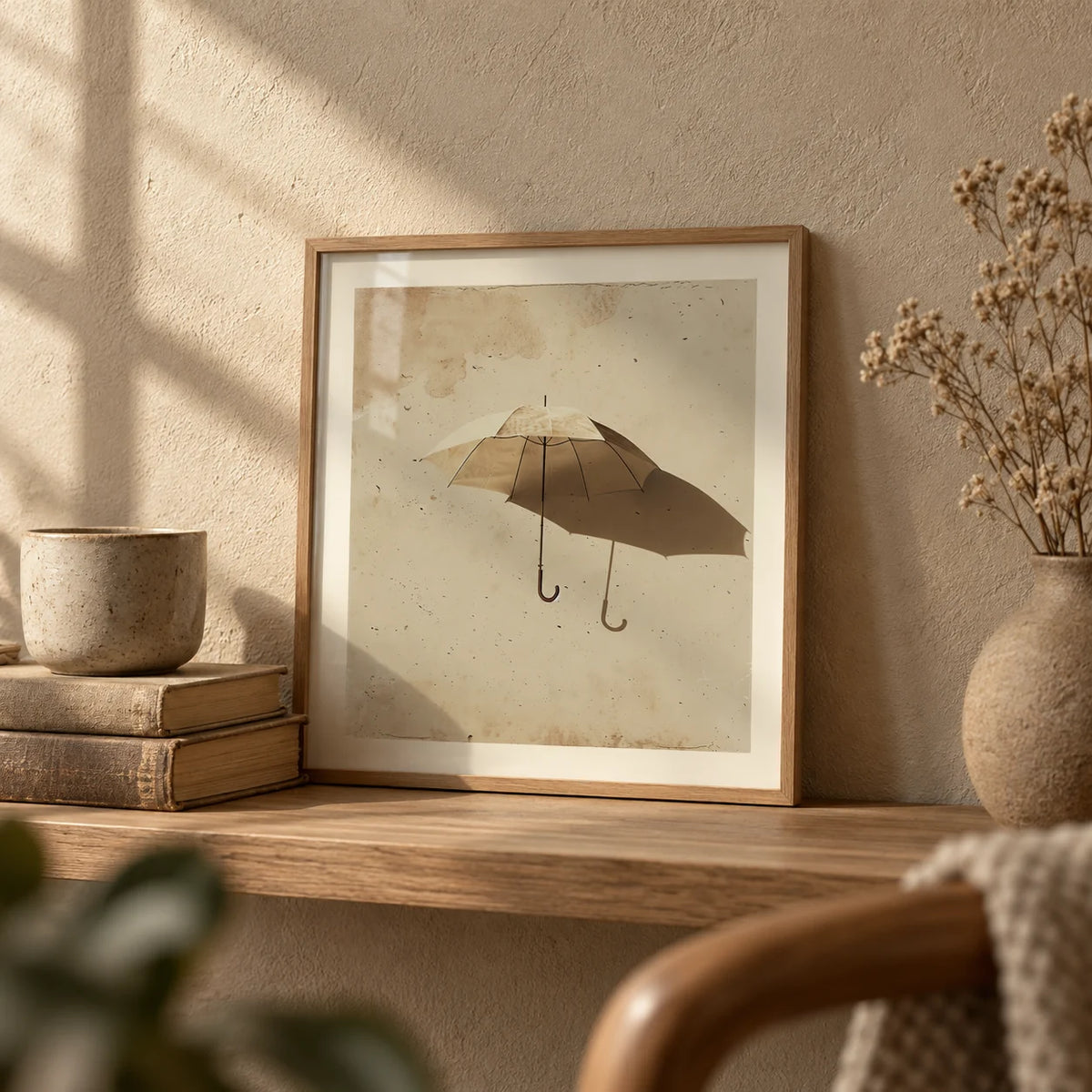Surrealism Prints, a small A4 framed print leaning on an oak shelf in a living room