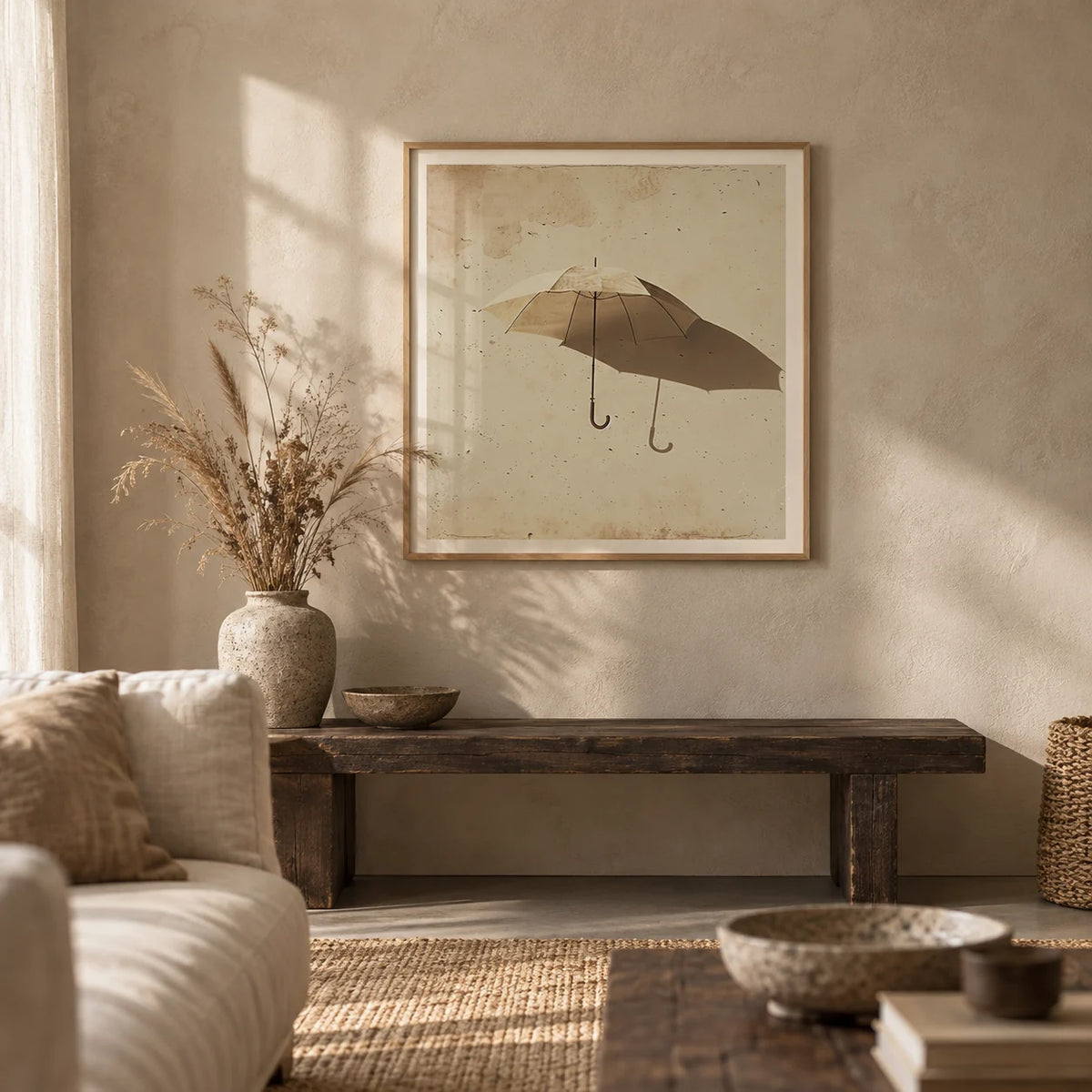 Surrealism Prints, framed on the wall of a wabi-sabi living room with a limewashed sand wall