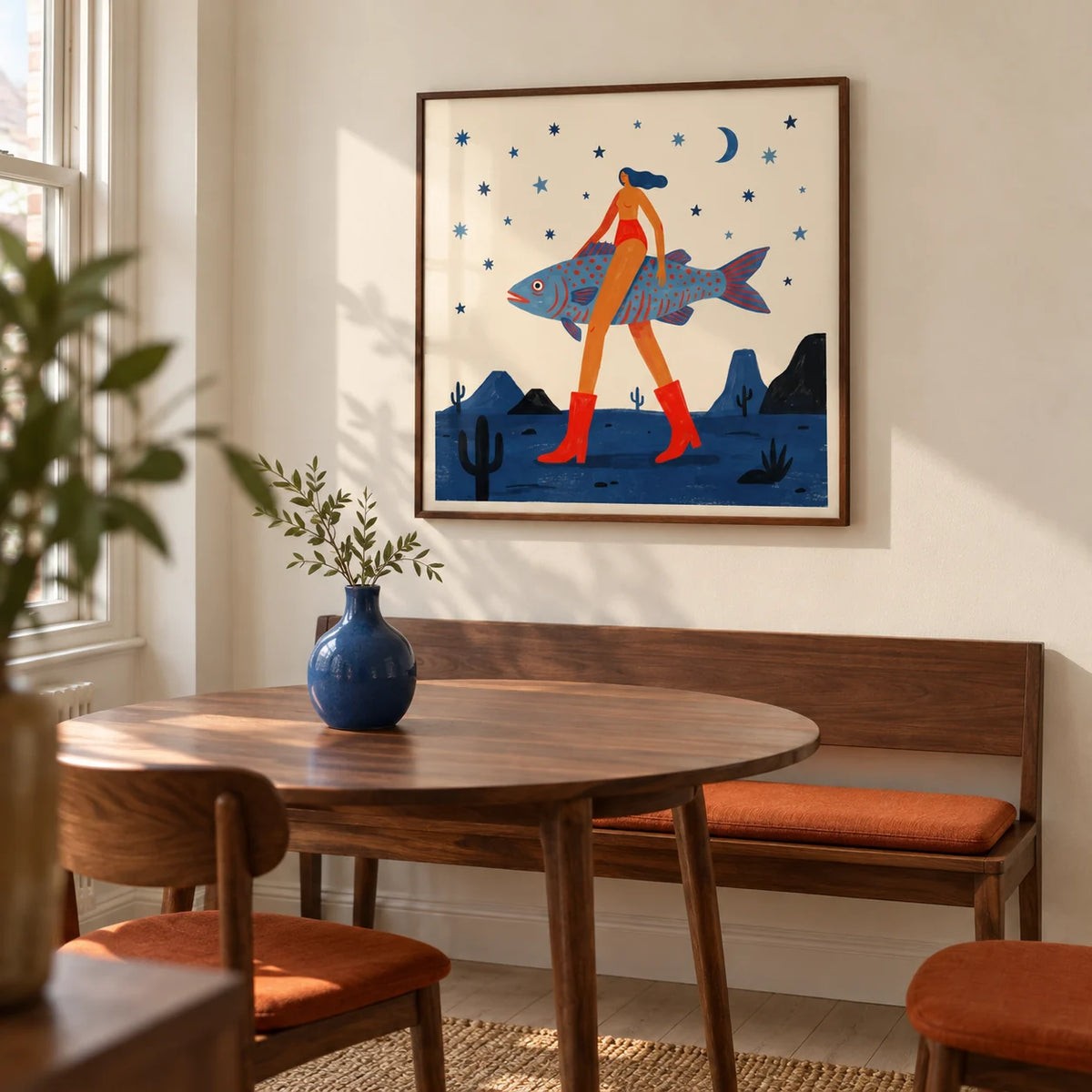 Surrealist Fish Art Print, framed on the wall of a compact contemporary dining room in a UK flat with a cream wall and pale timber floor