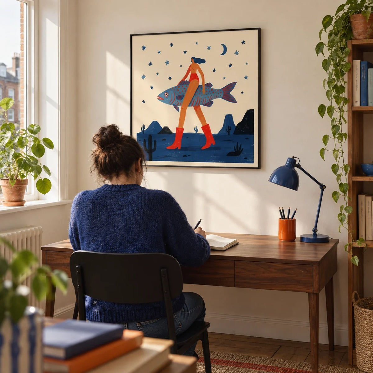 Surrealist Fish Art Print, framed on the wall of a compact creative study in a UK city flat with a pale cream wall