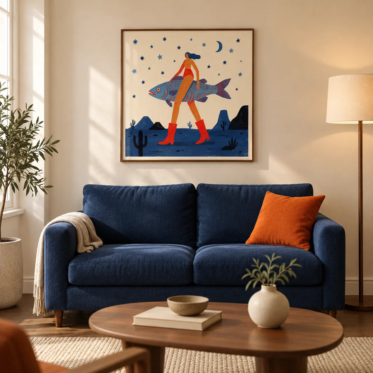 Surrealist Fish Art Print, framed on the wall of a contemporary living room in a UK first flat with warm cream walls and a walnut floor