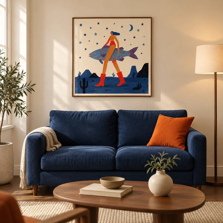 Surrealist Fish Art Print, framed on the wall of a contemporary living room in a UK first flat with warm cream walls and a walnut floor