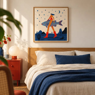 Surrealist Fish Art Print, framed on the wall of a playful modern bedroom in a UK terraced home with a warm white wall