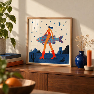 Surrealist Fish Art Print, a small A4 framed print leaning on a walnut sideboard in a living room