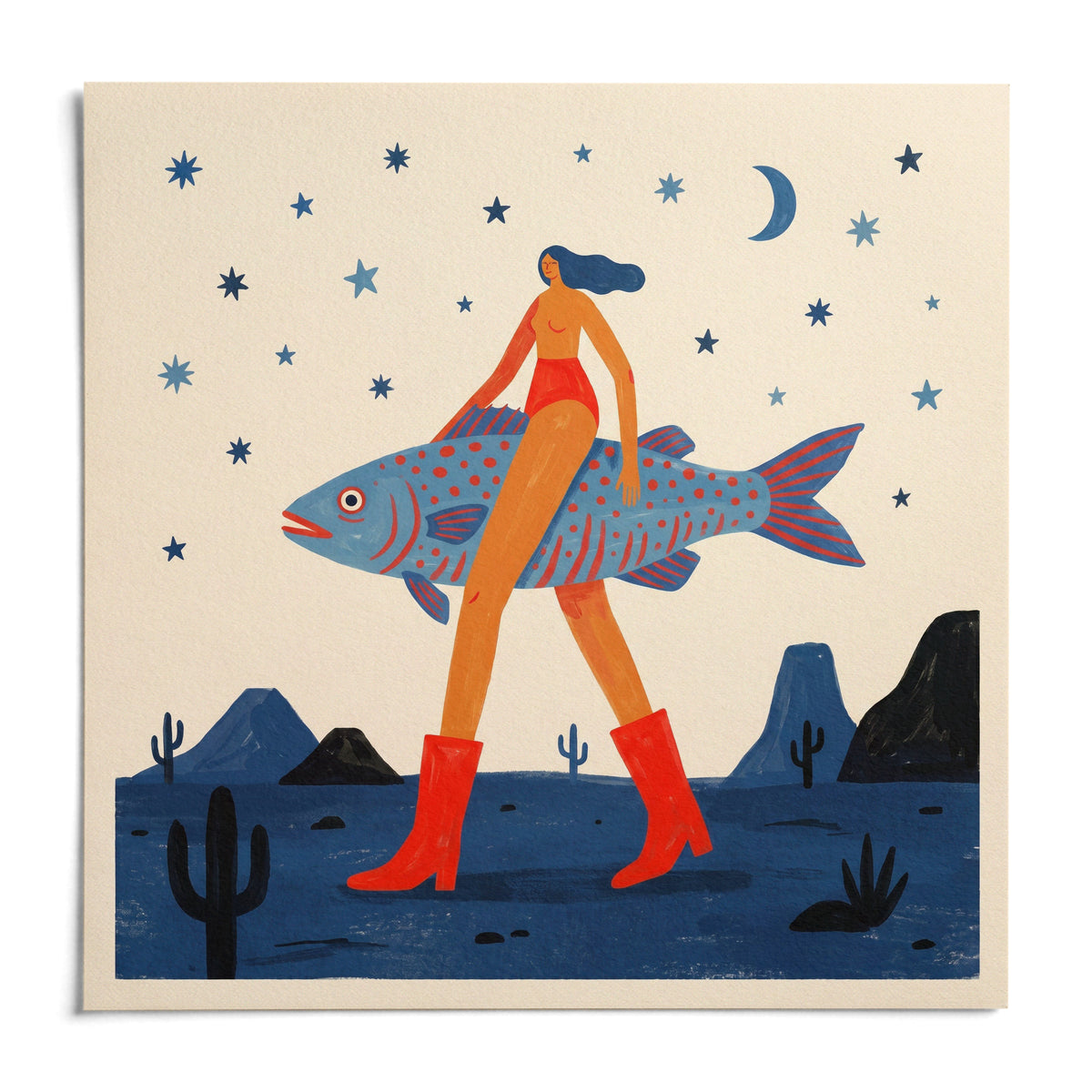 Surrealist Fish Art Print, shown as an unframed paper print on a plain white background