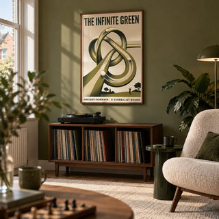 Surrealist Golf Art Print, framed on the wall of a compact modern games snug in a UK semi-detached house with a muted olive wall and a plain cream rug in a living room