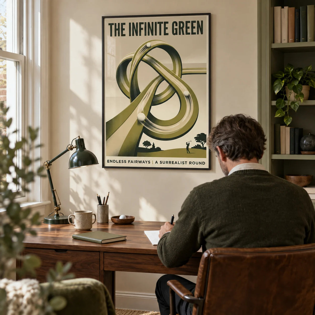 Surrealist Golf Art Print, framed on the wall of a golf enthusiast's home study in a UK terraced house with a pale beige wall and a built-in bookcase