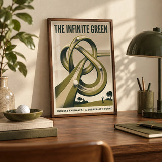 Surrealist Golf Art Print, a small A4 framed print leaning on a walnut desk