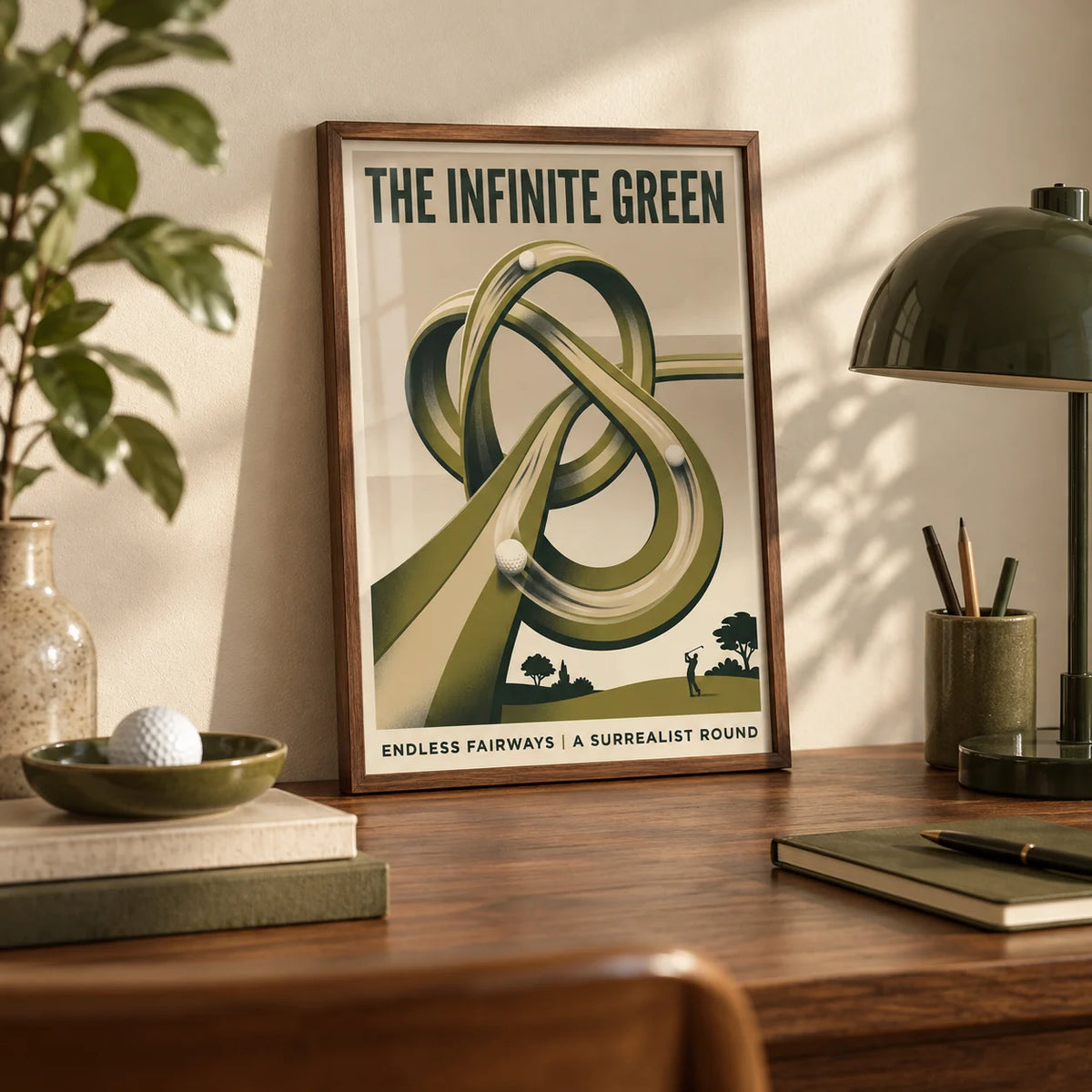 Surrealist Golf Art Print, a small A4 framed print leaning on a walnut desk