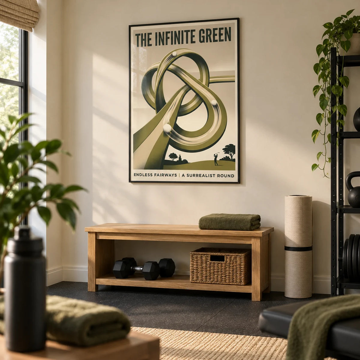 Surrealist Golf Art Print, framed on the wall of a tidy home gym in a converted UK spare room with a pale beige wall and dark rubber flooring