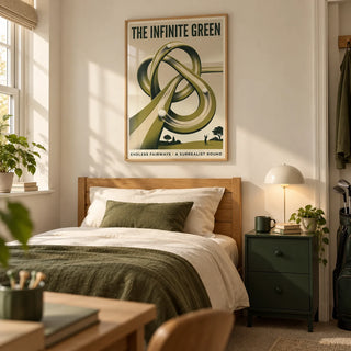 Surrealist Golf Art Print, framed on the wall of a young adult golf enthusiast's single bedroom (18-25) in a UK family home with a warm white wall