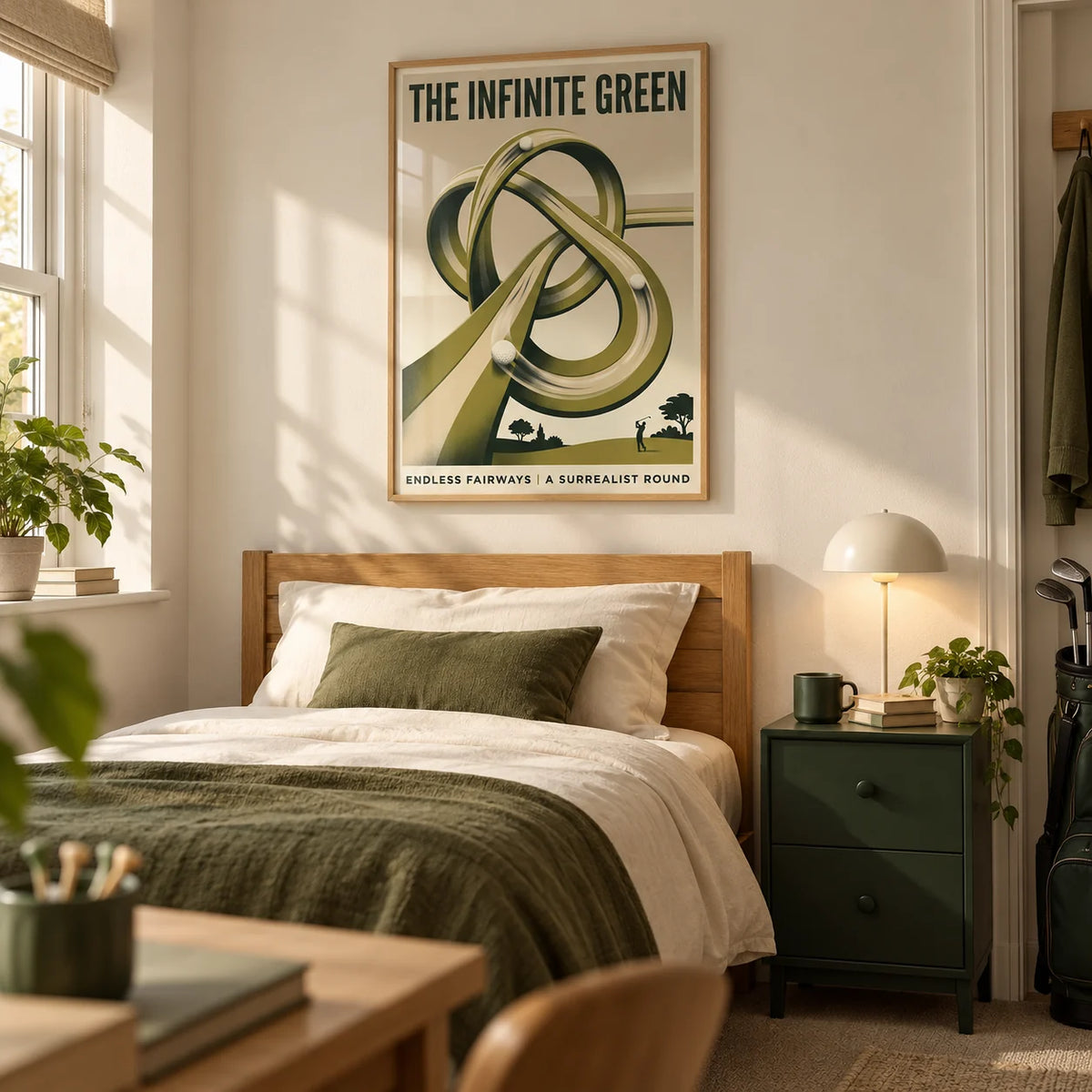 Surrealist Golf Art Print, framed on the wall of a young adult golf enthusiast's single bedroom (18-25) in a UK family home with a warm white wall