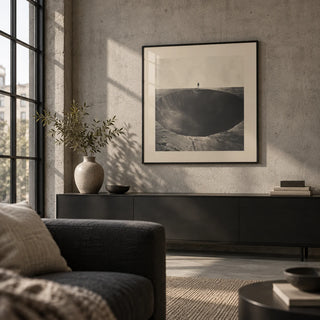 Surrealist Wall Art, framed on the wall of a concrete loft living room with large steel windows