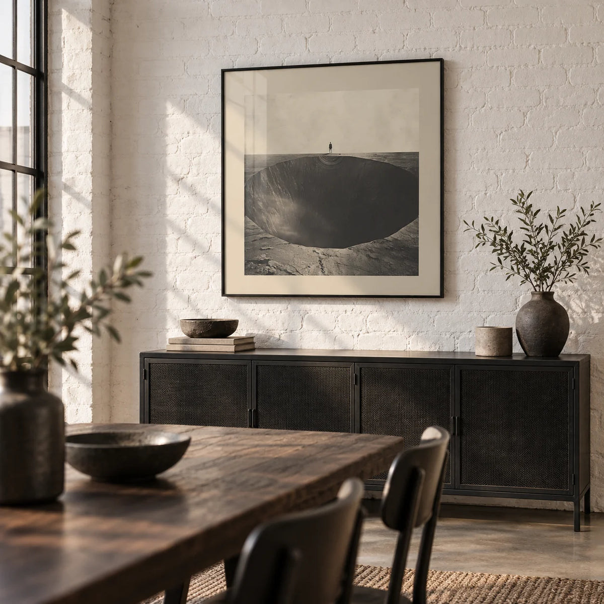Surrealist Wall Art, framed on the wall of an industrial dining area with a white brick wall