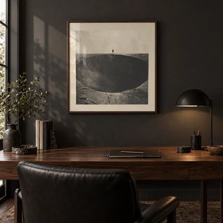 Surrealist Wall Art, framed on the wall of a moody home study with a deep charcoal wall and a dark oak floor