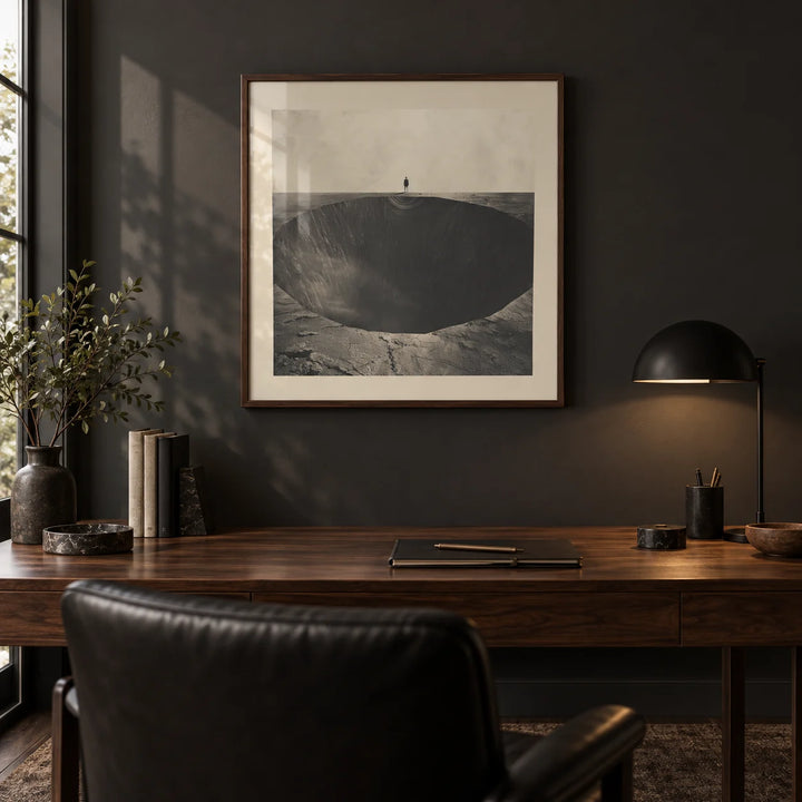 Surrealist Wall Art, framed on the wall of a moody home study with a deep charcoal wall and a dark oak floor