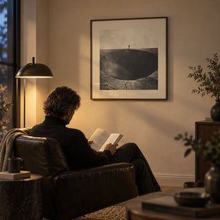 Surrealist Wall Art, framed on the wall of a quiet living room corner with a warm beige wall