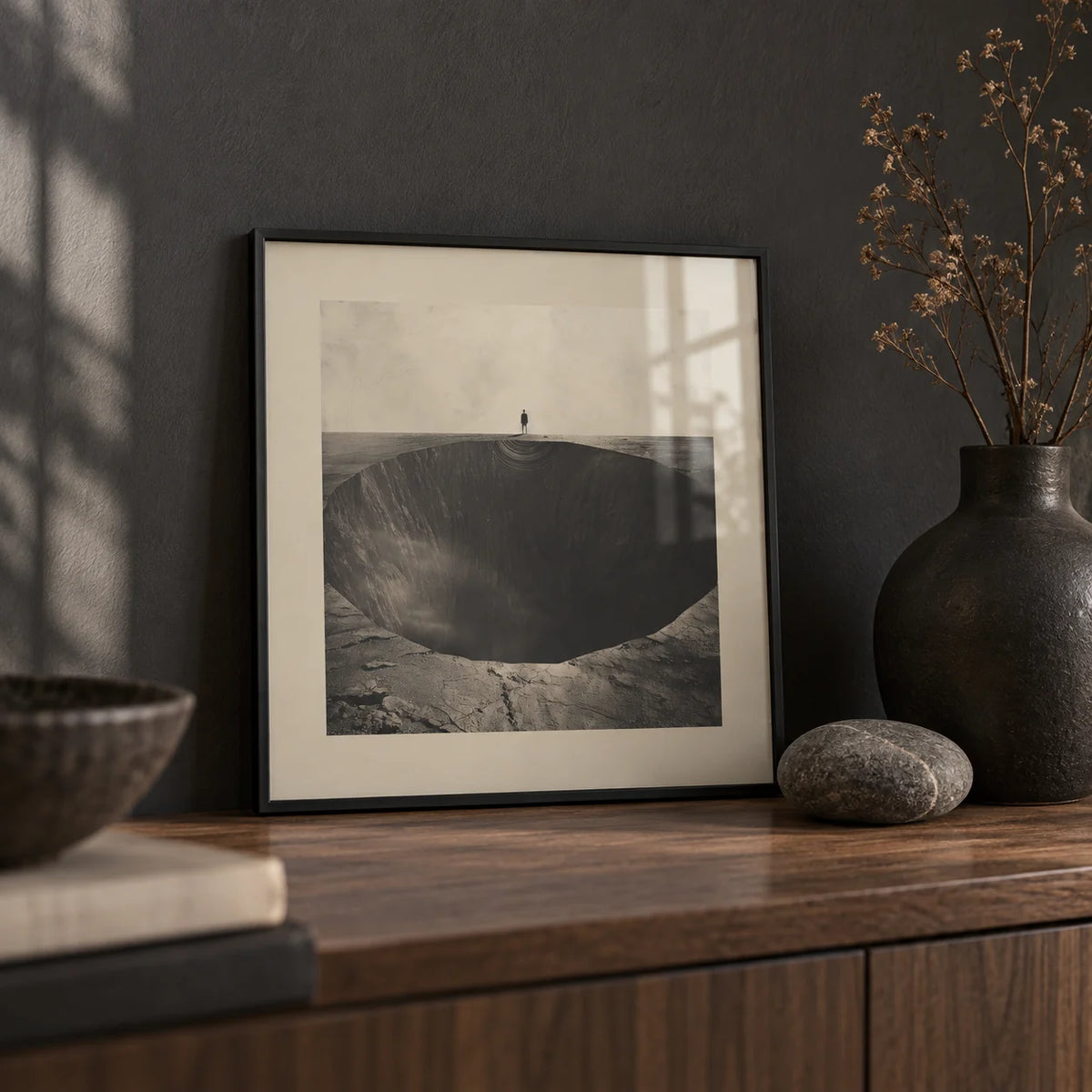 Surrealist Wall Art, a small A4 framed print leaning on a walnut shelf in a living room