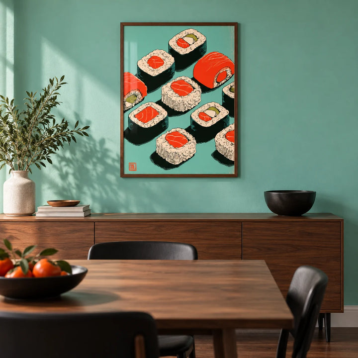 Sushi Art Print, framed on the wall of a modern dining room with a solid mint teal painted wall and a dark wood floor