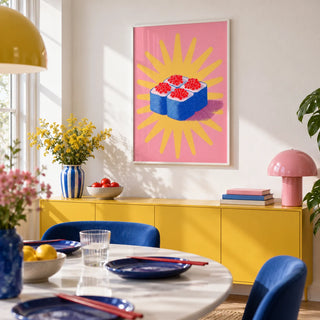 Sushi Poster, framed on the wall of a bright modern dining room with a white wall