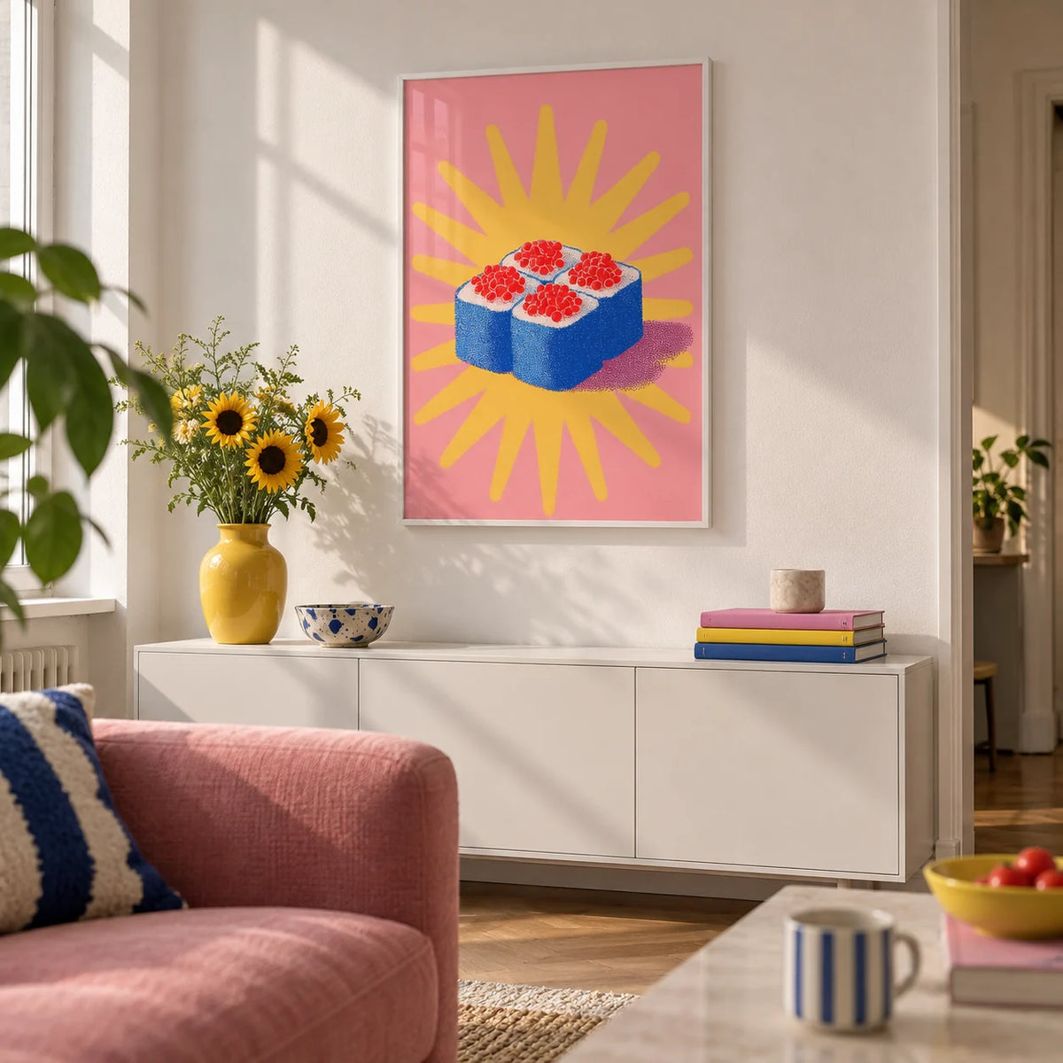 Sushi Poster, framed on the wall of a first-flat living room (22-28) with a white wall